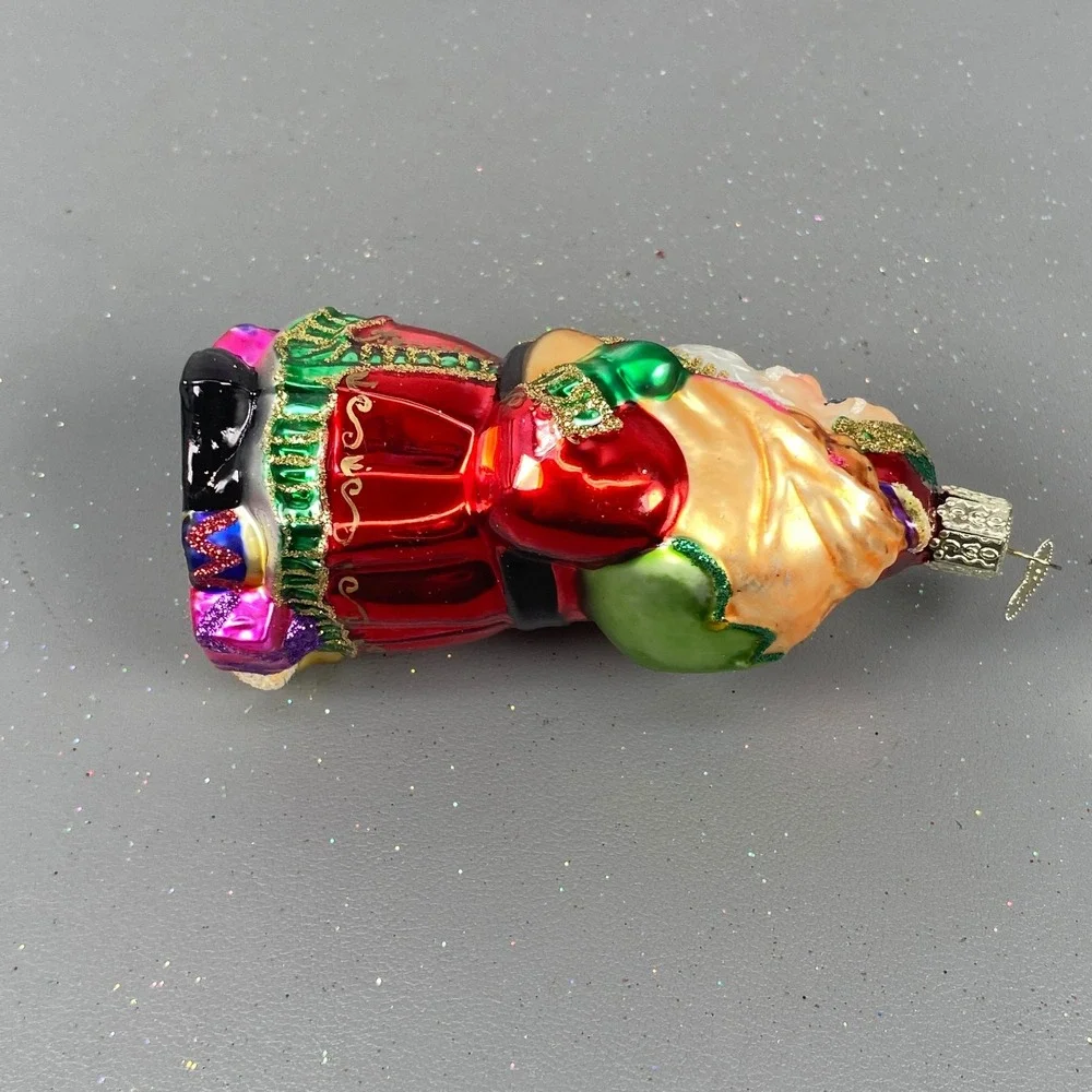 Old World Christmas 2 Santa Claus Glass Holiday Glitter Ornaments Blue & Red